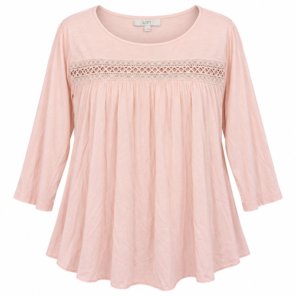 LOFT Crochet Lace Babydoll Top Womens XL Pink Excellent Boho 3/4 Sleeve Pleated